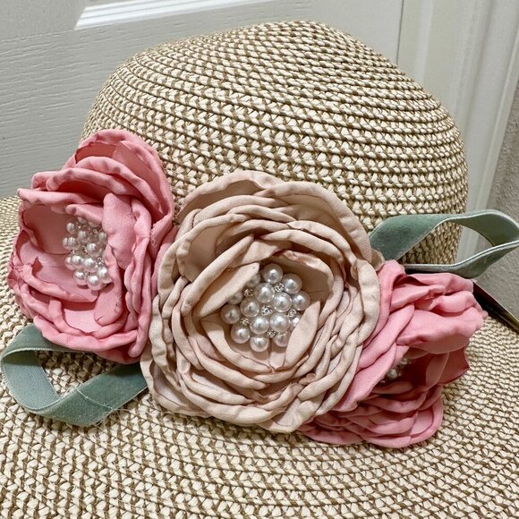 Elegant Women\'s Tweed Sun Hat With Satin Flowers And Pearls Special Event (NEW) main image 12